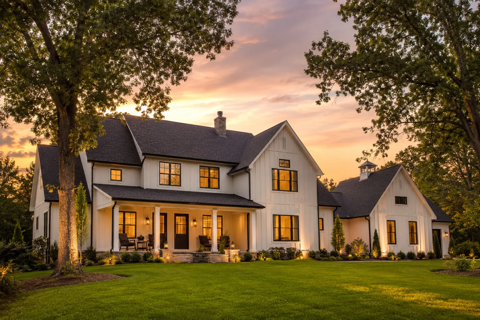 Modern farmhouse at sunset with clean architectural roofline