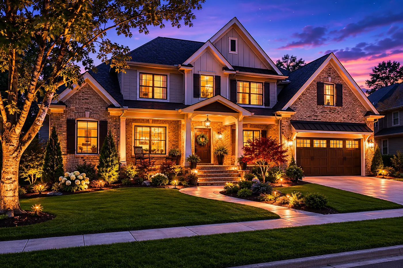 Cozy Craftsman home at twilight with warm interior lights